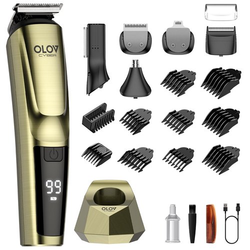 OLOV CYBER Beard Trimmer for Men, 17-in-1 Mens Grooming Kit with 6 Trimmer Heads, Cordless Hair Clippers Rechargeable with Charging Dock, IPX7 Waterproof Wet Dry Use for Body Face Nose & Mustache
