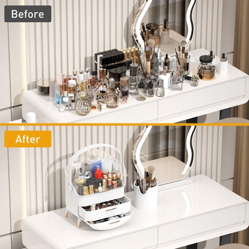 Sansixzero Makeup Organizer with Transparent Lid & 2 Drawers – Large Capacity Cosmetic Skincare Storage Box for Bathroom Vanity, Countertop, Bedroom – Portable and Dustproof, White (11"x7"x14")