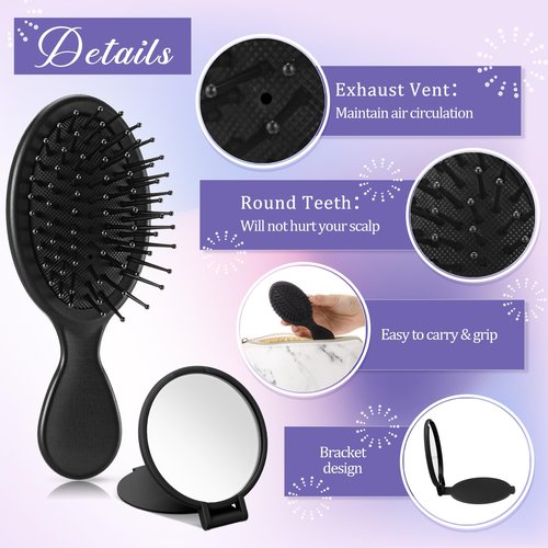 Meanplan 48 Pcs Mini Hair Brush Set 24 Travel Wet Dry Hair Combs Pocket Detangling 24 Compact Folding Makeup Mirrors for Spa Sleepover Birthday Bridal Shower Bachelorette Christmas Party Gift(Black)