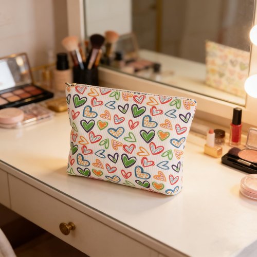 Duleylv Makeup Bag for Purse Corduroy Cosmetic Bags Large Makeup Organizer Zipper Pouch Bags for Women Portable Toiletry Bag Heart-Shaped Pattern