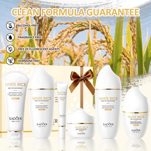 FOR SADOER Rice Niacinamide Skincare Set - 6 Piece Firming Skincare Kit with Cleanser, Toner, Lotion, Eye Cream, Face Cream & Serum for Daily Facial Care