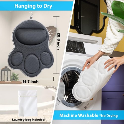 JUSDOO Bath Pillows for Tub Neck and Back Support - Upgraded Non-Slip Rubber Backing & 6 Suction Cups, 4D Air Mesh Spa Bathtub Cushion for Head Rest, Machine Washable with Laundry Bag & Hook (Gray)