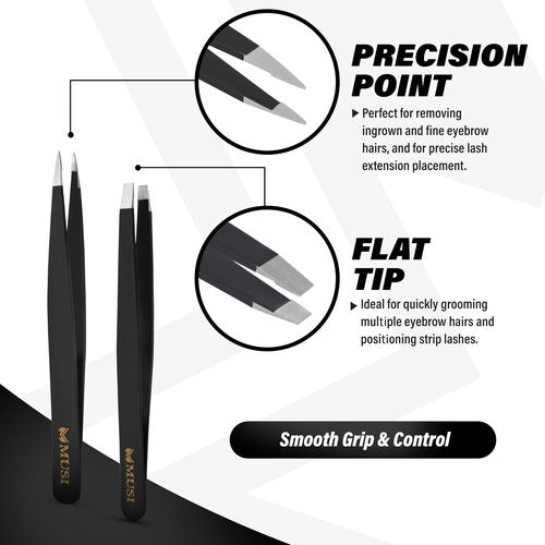 MUSI tweezers Shape Eyebrows & Remove Facial Hair, Ingrown Hair, Chin & Splinters – Expert Tweezers Kit with Eyebrow Scissor, Professional Multipurpose tweezers kit, Stainless Steel Men & Women