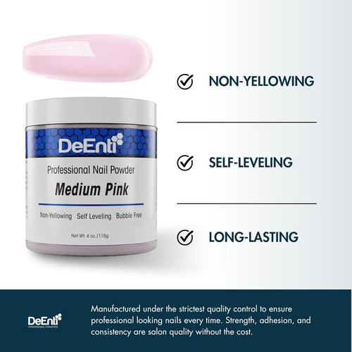 DeEnti Acrylic Nail Powder - 4oz Medium Pink | Professional Bubble-Free Formula for Long-Lasting Nail Extensions
