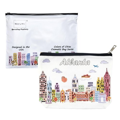 Beary Blu City Themed Artwork Cosmetic Bag Series – Designed in USA, Travel Makeup Bag with Zipper, Souvenir Gift for Women, Artwork Organizer for Purse or Toiletry (Atlanta)