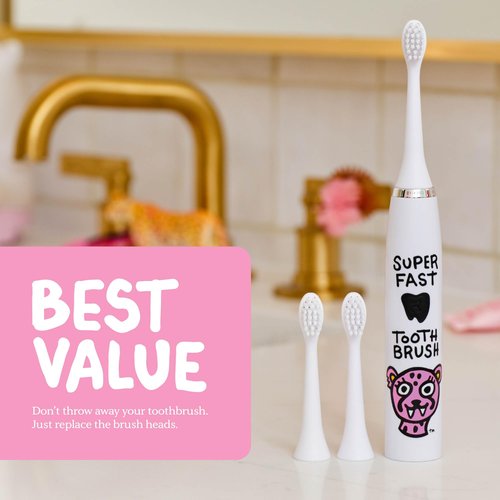 Made by Dentists Kids Electric Toothbrush - Rechargeable Vibrating Toothbrush with Timer, Includes 6 Replacement Heads, Gently Cleans Teeth, Kid & Toddlers Age 2+, Cheetah