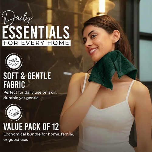 RIVERSIDE 12 Pack Premium 100% Cotton Face Wash Cloths, 12 x 12 Inches, Soft & Absorbent Face Towels for Bathroom Wash Clothes, 550 GSM, Luxury WashCloths for Showering, Body, Spa & Gym, Hunter Green