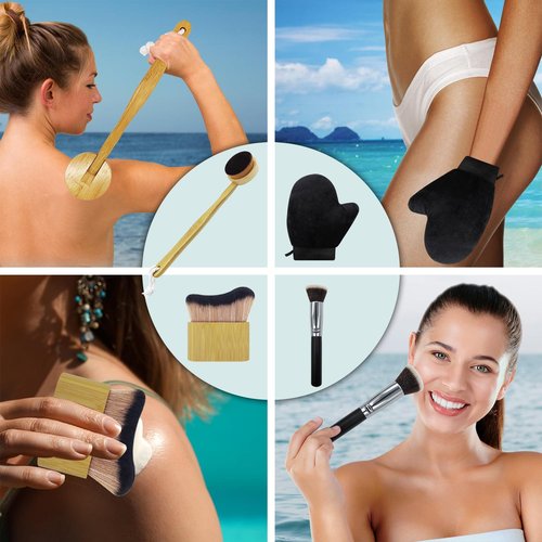 Self Tanner Brush Set With Tanning Mitt, Body Makeup Brushes includes Kabuki Brush for Self Tanner, Lotion Applicator for Back, Face Tanning Brushes for Self Tan