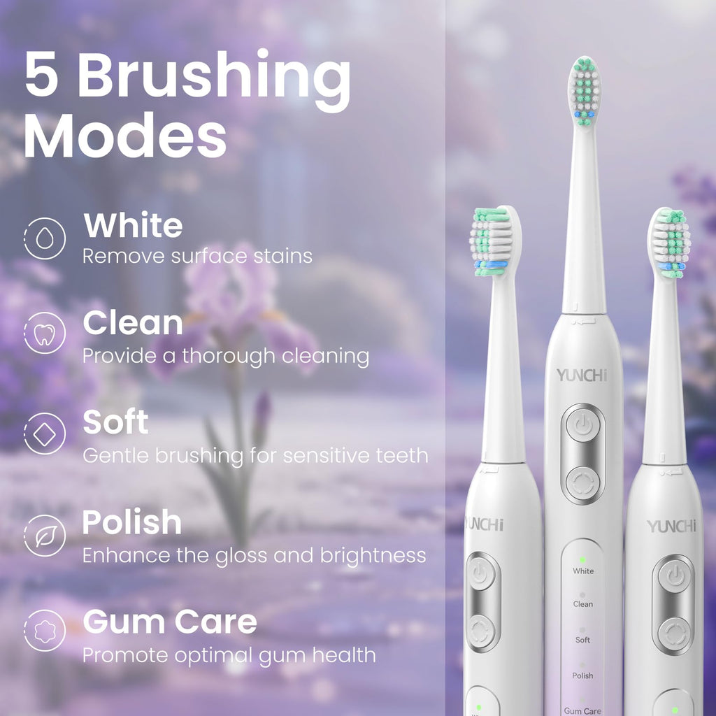 YUNCHI Electric Toothbrush Birthday/Valentine Plastic 8 Heads 24-Mo Deep Cleans Gentle Gums Removes Stains 3Hr USB-C 90d 2-Min Timer/30s IPX7 - Purple