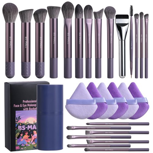 BS-MALL 21 Pcs Professional makeup brush set with foundation brush for liquid Makeup, eyeshadow Brush, concealer brush - Includes 6 Triangle Puffs & case for Even, Multi-purpose application (Purple)