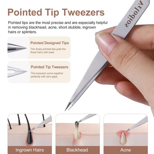 Velodios Tweezers for Eyebrows, Pointed TipTweezers for Women Facial Hair, Ingrown Hair Removal, Slanted and Pointed Tip Tweezers Set with PU Travel Case (Slant & Pointed Tweezers Set)