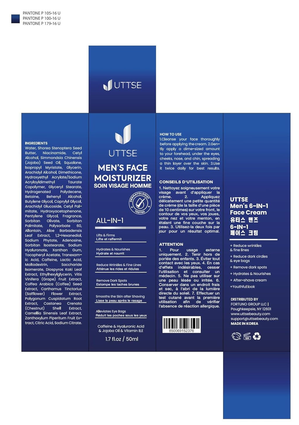 Uttse 6-in-1 Men's Face Moisturizer - Reduce Eye Bags & Dark Circles - 1.7 fl oz - Made in Korea