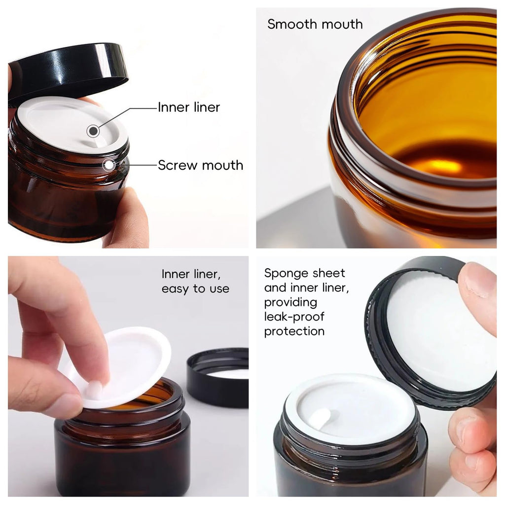 Yokodaza 15 Pack 4 oz Glass Jars with Lids, Amber Refillable Containers with Inner Liners - Empty Cosmetic Jars with Labels & Spatulas for Makeup Lotion Candles Jam Storage