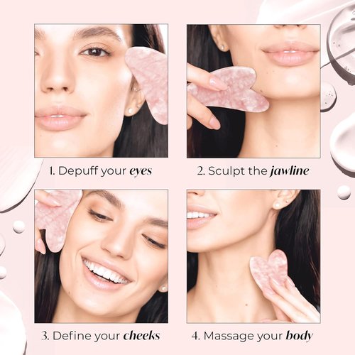 PLANTIFIQUE Rose Quartz Gua Sha Tool - Anti-Aging Face Massager & Jawline Shaper for Skincare