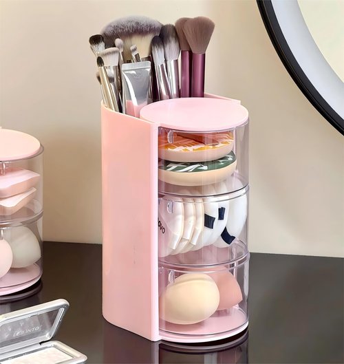 Azurphoric Hair Accessories Organizer with Hair Brush Holder, Rotatable Makeup Brush Holder for Necklaces, Earring, Bracelet, Ring, Makeup Brushes, Hair Clip and Hair Accessories (Pink, 3-Layer)