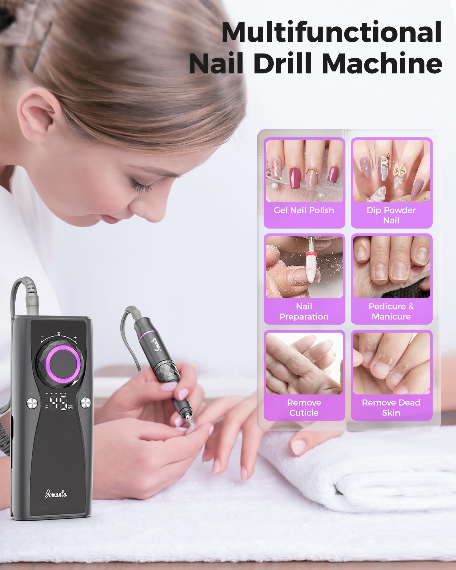 Yomanta Electric Nail Drill Professional Kit: 45,000 RPM USB Rechargeable Efile Nail Drill Nail File with 12 Bits for Polishing Gel/Acrylic Nails- Portable Manicure Tool Set for Salon/Home-Black