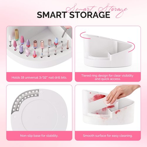MelodySusie Nail Art Tools Storage Box with 18 Holes & 7 Compartments,Sturdy Large Capacity and Compatible with 3/32" Nail Drill Bits, Nail Drill Holder for Nail Station,Salon & Home, White