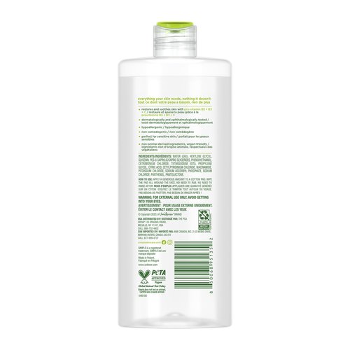 Simple Kind To Skin Micellar Water - Makeup Remover and Facial Cleanser - Face Cleanser with Pro-Vitamin B5, B3 and C - Vegan, No Perfumes - 4 pc