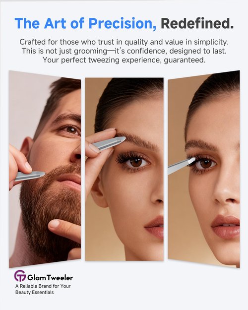 Premium Hand-Made Tweezers with Safe Rounded Tip & Comfort Spring for Pain-Free Plucking, Thick Stainless Steel for Precise Grip on Eyebrows & Facial Hair, Designed for Women and Men