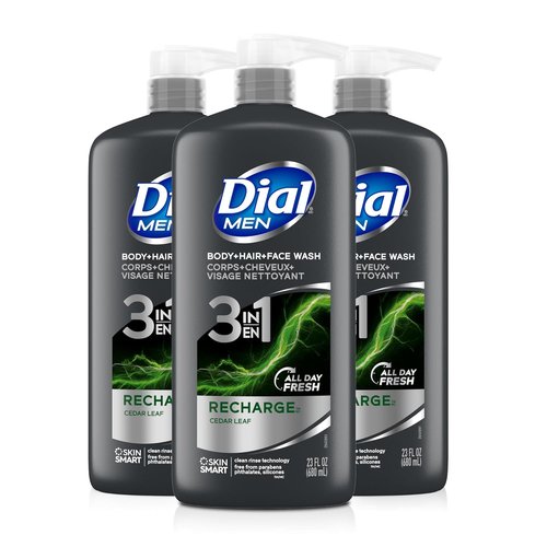 Dial Men 3-in-1 Body, Hair, and Face Wash - Recharge Formula | 69 Fl Oz (3 x 23 Fl Oz Bottles)