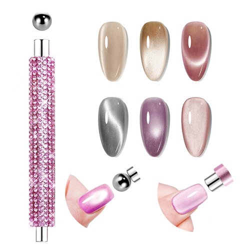 JODSONE 3-in-1 Cat Eye Magnet for Nails, Rhinestone Handle Round & Ball Magnet Tool, Strong Magnet for Cat Eye Gel Polish Nail Art DIY Salon