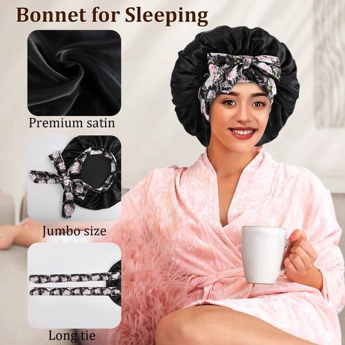 IJRPLM 2Pcs Silk Bonnet for Sleeping,Large Satin Bonnet with Tie Band,Night Sleep Cap for Women,Satin Bonnet for Curly Hair(Champagne gold + Black)