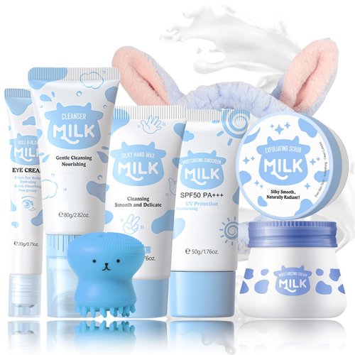 Milk Skincare Set Teen Girls Gifts - Skin Care for Teens 10-12 - Skin Care Set Moisturizing - Skin Care Routine Kit for Women - Skincare for Girls 10-12 - with Eye&Face Cream,Sunscreen(8PCS, Milk)