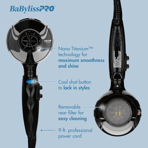 BaBylissPRO Nano Titanium Hair Dryer - Professional 2000 Watt Blow Dryer for Fast Drying