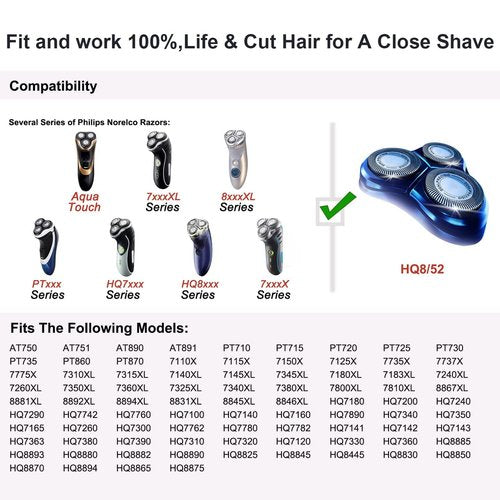 HQ8 Replacement Heads Compatible with Philips Norelco Aquatec Shaving Head Razor, Blades for PT730 AT880 AT811, 6-pc Pack