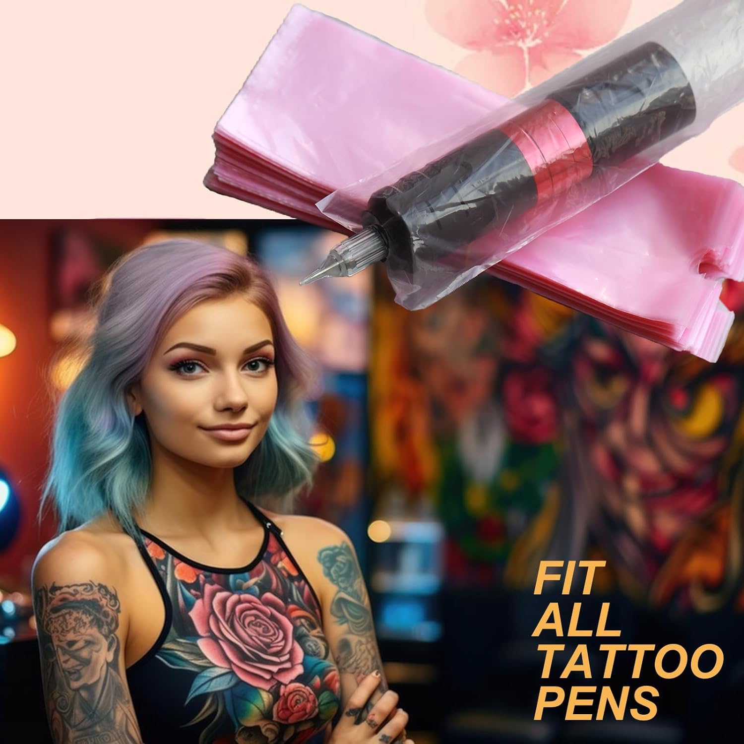 Yuelong Large Tattoo Machine Covers with Grip Tape - 200Pcs Pink Tattoo Pen Bags and 4Pcs Grip Wrap Kit Combination Machine Sleeves Bags Self-Adhesive Grip Covers Tattoo Supplies for Artist