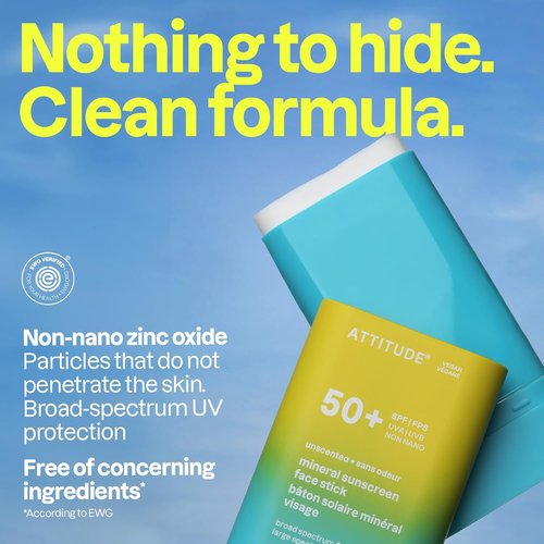 ATTITUDE Face Sunscreen Stick SPF 50 - Broad Spectrum Zinc Oxide, Lightweight & Vegan, 0.53 oz