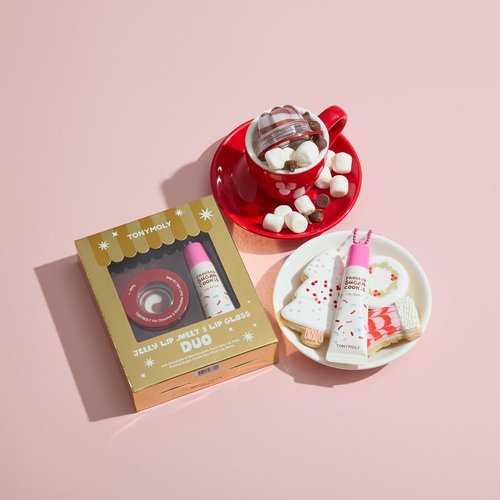 TONYMOLY Jelly Lip Melt Duo - Hydrating Lip Balm & Gloss Key Chain Set | Holiday Edition with Hot Chocolate & Frosted Sugar Cookie