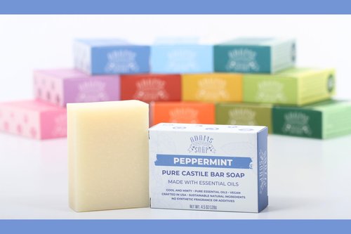 Adams Handmade Soap Peppermint Pure Castile Bar Soap – 4.5 oz | Vegan, Cold Process, Essential Oils, 84% Organic, Fair Trade, No Additives, USA Made