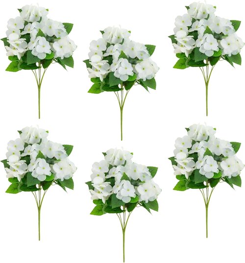 Nearly Natural 14-Inch UV Resistant Artificial Hydrangea Bush - Set of 6 for Indoor/Outdoor Decor