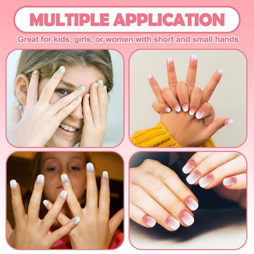 240 Pieces Fake Nails for Kids Girls Artificial Kids Press on Nails Full Cover Short Acrylic Stick On Nails False Nail Tips Kit for Children Little Girls Nail Art Decoration (Sparkle)