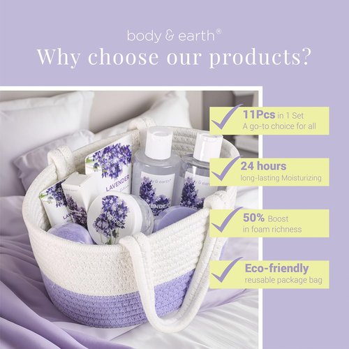 BODY & EARTH Spa Gift Baskets for Women 11pcs Lavender Gift Sets with Bubble Bath, Shower Gel, Body Lotion, Mom Birthday Gifts, Spa Kit, Purple Gift, Valentines Galentines Day Gifts for Her