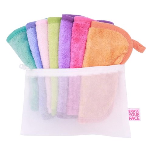 ERASE YOUR FACE Reusable Makeup Remover Cloths - Microfiber Face Towels to Cleanse & Remove Makeup - Water Activated for Sensitive Skin - Multi-Bright (Mini, 7 Count)