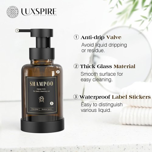 Luxspire Foaming Soap Dispenser - 15 Oz Glass Pump Bottle with Waterproof Labels | Amber, 2 Pack for Kitchen & Bathroom