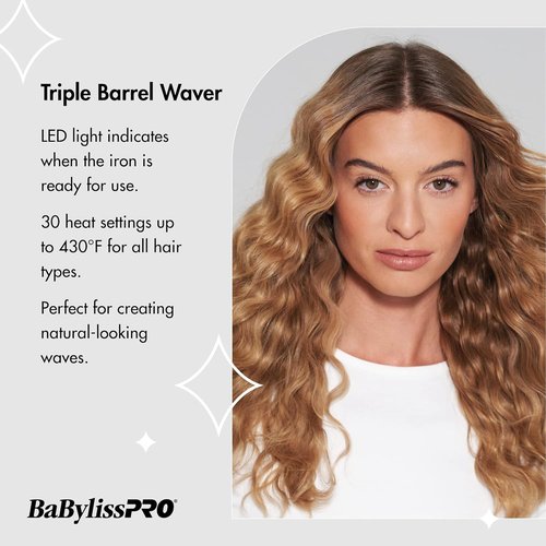 BabylissPRO Triple Barrel Waver - Porcelain Ceramic Styling Tool in Black