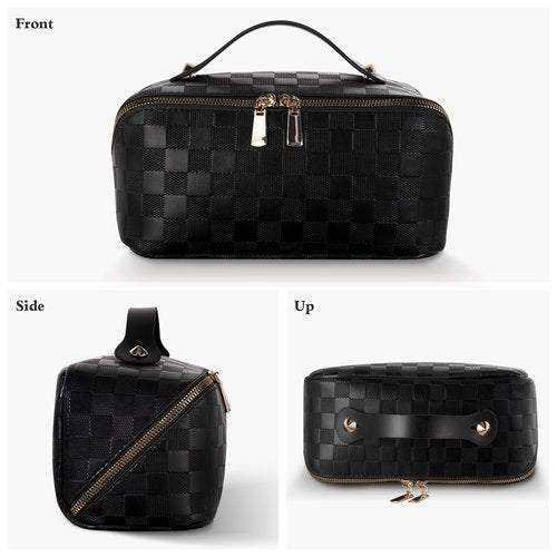 Abiudeng Travel Makeup Bag,Large Capacity Toiletry Bag Cosmetic Bags for Travel Essentials,Waterproof Portable Pouch Open Flat Makeup bag Organizer with Divider and Handle(Checkered-Black)