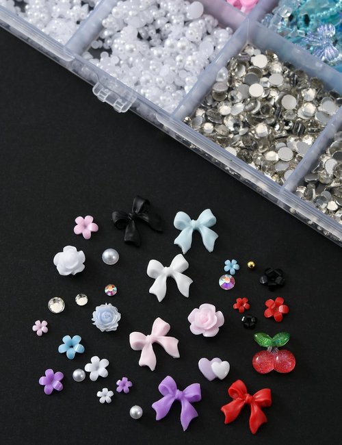3D Nail Charms and Gems 4000 Pcs Cute Nail Bows Flowers and Mixed Styles Nail Art Charms with Rhinestones Flatback Pearls Suitable for DIY Nail Art Phone Case Decoration