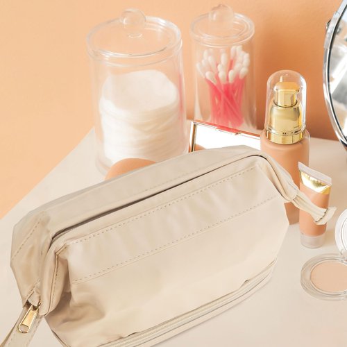 Eurow Luxe Double Layer Spacious Waterproof Cosmetic Travel Bag, PU Leather, Portable with Handle, Makeup & Toiletry Organizer, Dual Compartments for Brushes & Essentials, Cream
