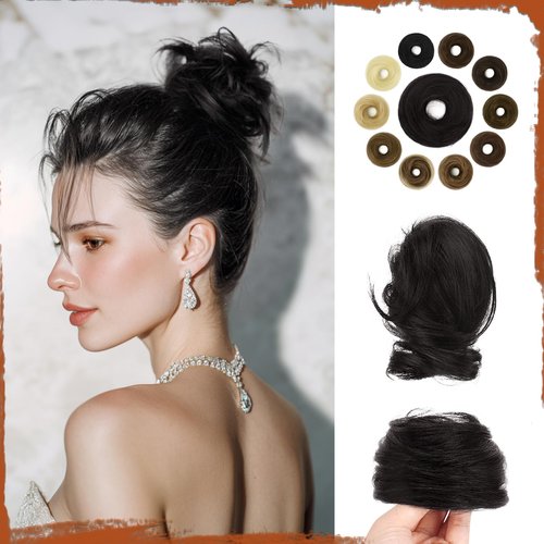 SOFEIYAN Human Hair Bun 100% Real Human Hair 16g Messy Bun Natural Tousled Stretchy Fluffy Donut Updo Elegant Chignon with Elastic Rubber Band Fake Bun Hair Piece for Women - Natural Black