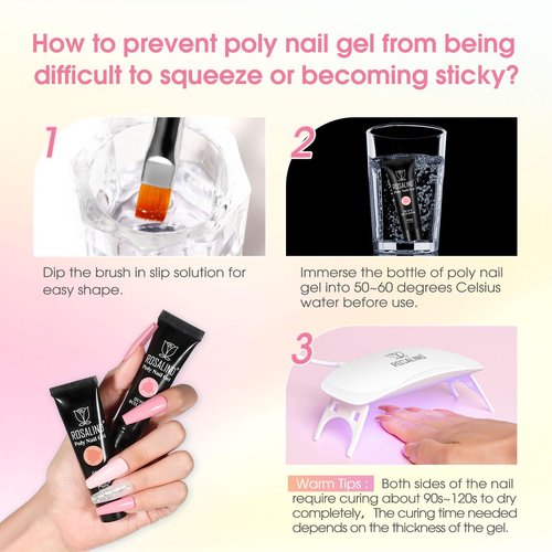 ROSALIND Poly Nail Gel Kit -14 Colors Nail Art Accessories kit Clear Nude Nail Extension Gel Starter with Slip Solution White Nude Pink Nail Extensions Gels Set with Mini UV Lamp