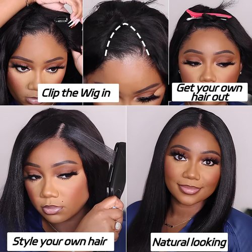 Prtyopp V Part Wig Human Hair Kinky Straight Vpart Human Hair Wig Upgrade U Part Wig Yaki Straight Clip in Half Wigs for Black Women Glueless No Leave Out 180% Density Natural Color 12 Inch