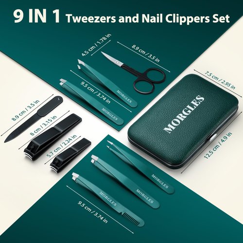 MORGLES Tweezers Set for Eyebrows, 9 Pcs Precision Stainless Steel Tweezers and Professional Nail Clippers Set for Men with Leather Travel Case