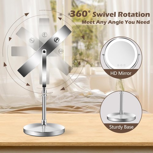SLIMOON 9" Large Lighted Makeup Mirror, 1X/10X Magnifying Makeup Mirror with 3 Colors Dimmable Lightning, 80 LED Lights, 360°Rotation Double Sided Standing Vanity Mirror