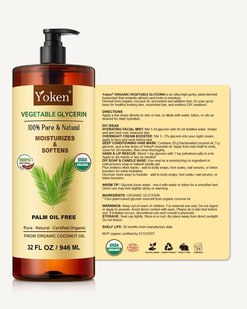 Glycerin Vegetable Glycerine 32 fl oz USDA Certified, Liquid Glycerol, Glicerina Vegetal, No Palm Oil, Organic Coconut-Derived, Natural Pure for Skin Face Hair, DIY Soap & Slime, Essential Oil Carrier