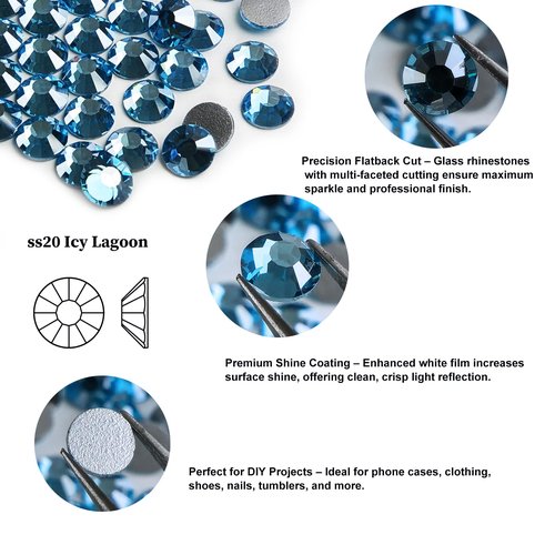 Genie Crystal SS20 Ice Aquamarine Flatback Rhinestones – 1440pcs | White-Film Coated Crystals, Non-Hotfix for Nail Art, DIY Crafts, Tumblers, Clothing