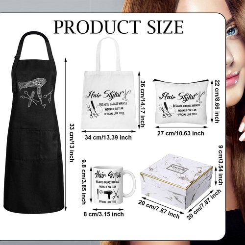 Coume 7 Pcs Hairdresser Gift Set for Women Hairstylist Apron Tote Bag Makeup Bag Mugs Scissors Charm Keychain Scissor Hair Clips and Box for Female Inspirational Appreciation Gifts